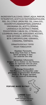 Tylna etykieta perfum z listą składników, ostrzeżeniami w 3 językach, informacją "Vegan" i mapą Włoch.