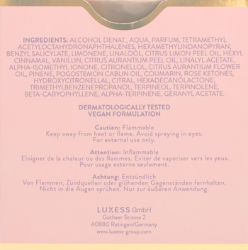 Tył opakowania Bugatti Bellissima Eau de Parfum. Widoczna lista składników, ostrzeżenia i dane Luxess GmbH na różowym tle.