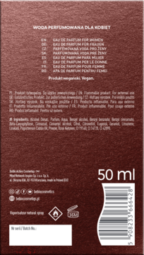 Tył brązowego opakowania perfum beBIO Ewa Chodakowska 50 ml, z listą składników, kodem kreskowym i napisem "Wegański".