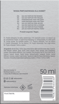 Tył szarego opakowania wody perfumowanej beBIO Dressed For Success 50 ml, z listą składników i kodem kreskowym.