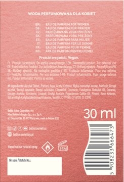 Tył różowego opakowania wegańskiej wody perfumowanej All Eyes On You beBIO 30 ml z napisem EAU DE PARFUM FOR WOMEN.
