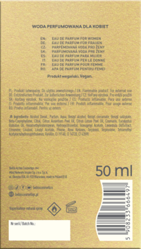 Tył złoto-brązowego opakowania wody perfumowanej beBIO Ewa Chodakowska 50 ml, z opisem składników i kodem EAN.