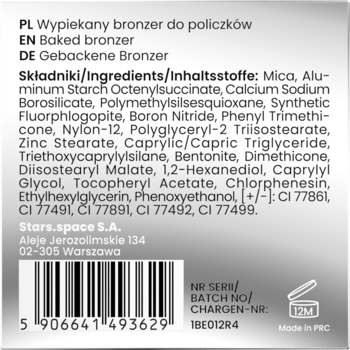 Tył opakowania wypiekanego bronzera Stars.space, widoczna lista składników, kod kreskowy i batch.
