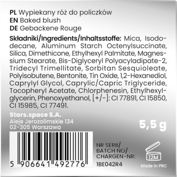 Tył wypiekanego różu Stars from The Stars Coral Power: składniki, kod kreskowy, waga 5,5g, 12M PAO.