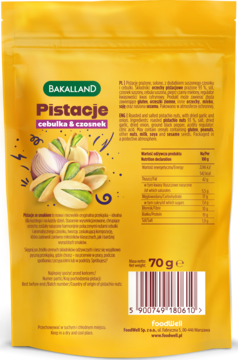 Bakalland Pistacje cebulka & czosnek. Tył żółtej torebki 70g z informacjami odżywczymi i kodem kreskowym.