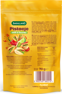 Tył żółtej torebki Bakalland Pistacje chilli & limonka 70g, stojącej pionowo, z danymi odżywczymi i składem.