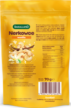 Tył żółtego opakowania Bakalland Nerkowce wanilia 70g. Widoczne szczegółowe informacje odżywcze i skład.