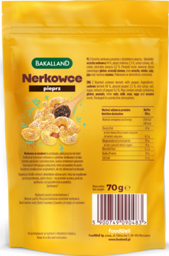 Tył żółtej torebki Bakalland Nerkowce pieprz 70g, widoczne informacje odżywcze, skład i kod kreskowy.