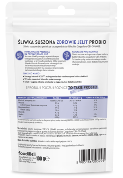 Tył białej torebki FoodWell Suszone śliwki Zdrowie Jelit ProBio 100g, z tabelą wartości odżywczych i składem.