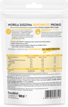 Tył białej torebki Morela Suszona Odporność Probio, Purella, z tabelą wartości odżywczych i kodem kreskowym.