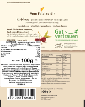 FARMER'S SNACK ,czereśnie suszone, drylowane,tył