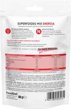 Tył białej torebki Superfoods Mix Energia foodWELL z informacjami odżywczymi i listą składników.