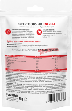 Tył białego opakowania Purella Superfoods Mix Energia 80g, mieszanka owocowa, z tabelą wartości odżywczych i składem.