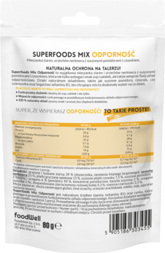 Tył białej torebki Superfoods Mix Odporność Foodwell 80g z mieszanką ziaren, orzechów i pomidorów.