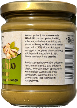 Tył szklanego słoika kremu z pistacji (45%), zielono-beżowa etykieta ze składnikami, 180g.