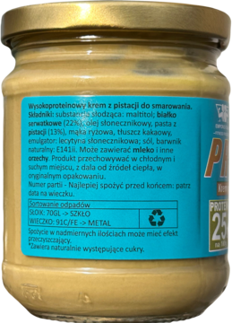 Tył szklanego słoika kremu proteinowego pistacjowego Emporio Italia. Niebieska etykieta ze składnikami i recyklingiem.