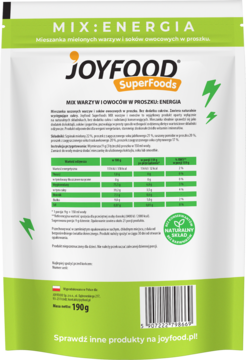 Tył zielono-białej torebki JoyFood SuperFoods Mix warzyw i owoców Energia 190g z tabelą wartości odżywczych.