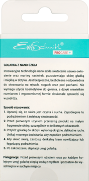 Tył opakowania golarki z nano szkła Ewa Schmitt ProCare+, beżowe tło, tekst z instrukcją użycia i pielęgnacji.