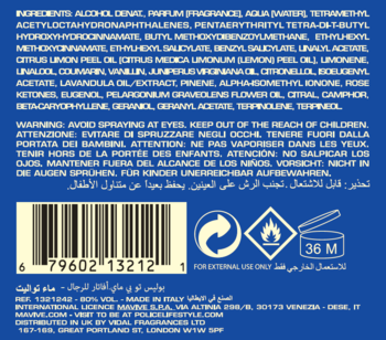 Tył opakowania męskiej wody toaletowej Police To Be My Avatar; granatowe tło, białe napisy, kod kreskowy i ostrzeżenia.