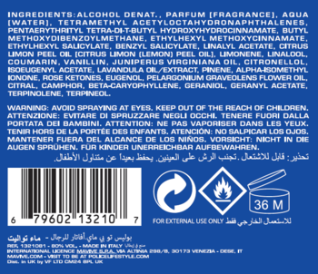 Tył niebieskiej butelki Police To Be My.Avatar EDT z białym tekstem: składniki, ostrzeżenia, symbol 36M.