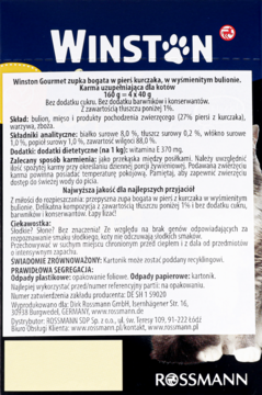 Winston Gourmet zupka dla kota z kurczakiem w bulionie, widok z przodu opakowania, biało-niebieskie kolory, logo.
