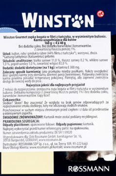 Tył opakowania karmy Winston Gourmet zupka dla kota z tuńczykiem w bulionie, z widocznym tekstem informacyjnym.