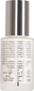 Tył białej butelki NAM Even Tone Radiant Primer 20ml, z metaliczną nakrętką, widoczne info o składzie, producent i VEGAN.