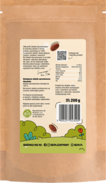 Tył beżowej torebki ekologicznych daktyli sproszkowanych Helpa 200g, z danymi odżywczymi i kodem.