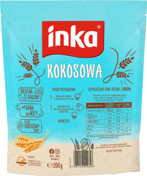 Front saszetki Inka Kokosowa kawa zbożowa 200g. Niebieska z czerwonym logo, białe napisy, grafiki kokosa i zbóż.