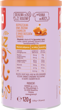 Tył jasnofioletowej puszki Inka Ożesz Karmel 120g, rozpuszczalna kawa zbożowa o smaku orzeszków ziemnych, z danymi.