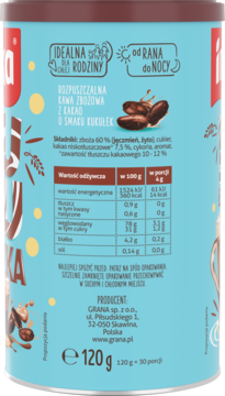 Tył niebieskiej puszki kawy zbożowej Inka Kukułeczka 120g. Widoczne szczegółowe dane odżywcze i skład.
