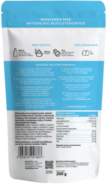 Tył białej torebki Foods by Ann: bezglutenowa mieszanka mąk 200g, z instrukcjami i tabelą wartości odżywczych.