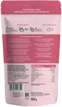 Tył różowego opakowania mieszanki mąk na naleśniki Foods by Ann, bezglutenowej, z listą składników.