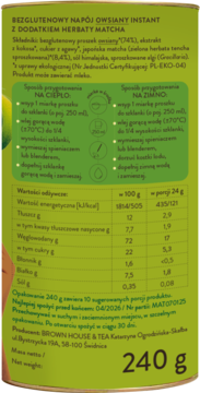 BROWN HOUSE & TEA ,napój owsiany w proszku z dodatkiem herbaty matcha, bezglutenowy,tył