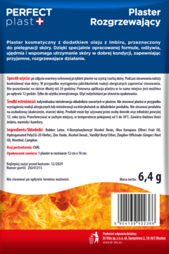 Tył opakowania plastra rozgrzewającego Perfect plast+ z olejem z imbiru, niebiesko-pomarańczowe, z tekstem i kodem.