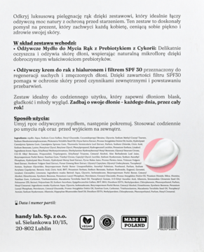 Tył opakowania zestawu Handy lab. Duet Idealny: mydło i krem do rąk z SPF 30. Widoczny opis i składniki.