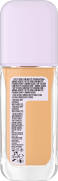 Tył podkładu Maybelline Super Stay Lumi-Matte (30ml) w beżu, z fioletową zakrętką i tekstem 30h.