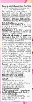 Tył opakowania serum Isana Love Your Skin 5% ceramidy, 2% niacynamid, 0.1% Cica z instrukcją użycia na różowym tle.