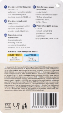 Tył opakowania zestawu 3 sit kuchennych ze stali nierdzewnej Rossmann, z opisem produktu, kodem kreskowym i instrukcją recyklingu.