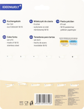 Tył opakowania widelczyków do ciasta IDEENWELT, zestaw 6 sztuk ze stali nierdzewnej, z tekstem i kodem.