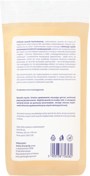 Tył beżowego opakowania jednorazowych ręczników Avellia, z białą etykietą informacyjną i kodem kreskowym.