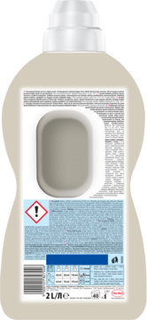 Tył butelki Perwoll Renew Light Colors 2L, płyn do białego prania. Widoczne instrukcje, kod kreskowy, symbol ostrzegawczy.