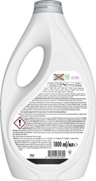 Tył białej butelki płynu Ariel Color Clean & Fresh, z etykietą zawierającą instrukcje, ostrzeżenia i pojemność 1800 ml.