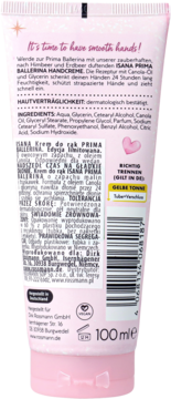 Tył różowej tubki kremu Isana Prima Ballerina, 100ml, lista składników, wegański i dermatologicznie testowany.