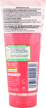 Tył różowej tubki ISANA Krem do rąk truskawka i cytrusy 100ml, z opisem składu i ikonami ekologicznymi.