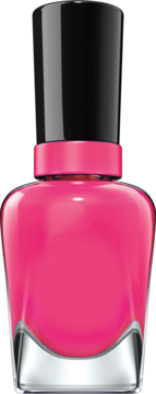 Sally Hansen Miracle Gel lakier do paznokci w odcieniu Fuchsia Fever. Butelka z błyszczącym różowym żelem i czarną nakrętką.