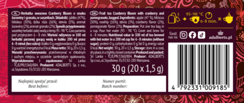 Tył bordowego opakowania herbaty Sir Adalbert's Cranberry Bloom z napisami, kodem kreskowym i instrukcjami.