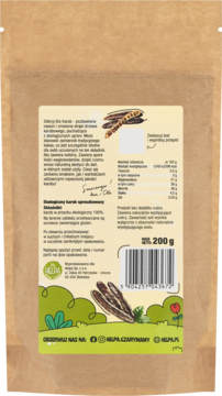 Tył brązowego opakowania Bio Karobu Helpa 200g, z etykietą, składem, kodem kreskowym i rysunkami karobu.