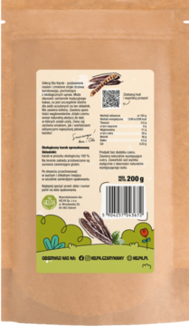 Tył opakowania Helpa Bio Karob w proszku, ekologiczne zmielone strąki karobowe w brązowym worku strunowym.