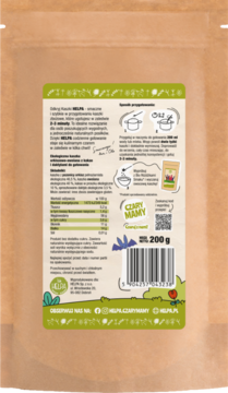 Tył brązowego opakowania Helpa Bio kaszka zbożowa z kakao i daktylami, z tabelą wartości odżywczych.